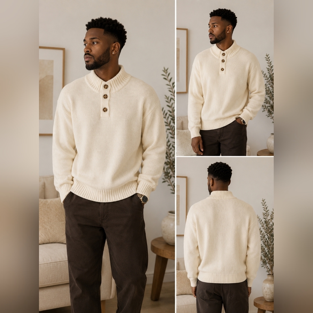 Cream Ribbed Button-Up Sweater